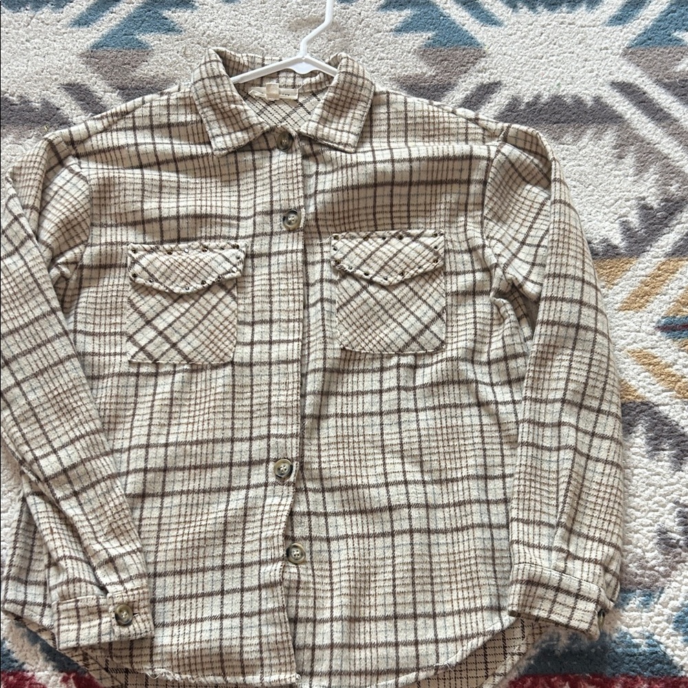 Casual Beige Plaid Button Down Shirt for Women